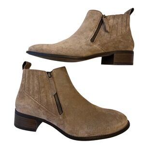 Paul Green Natalie Antelope Taupe Suede Side Zip Ankle Booties Block Heel US 9
